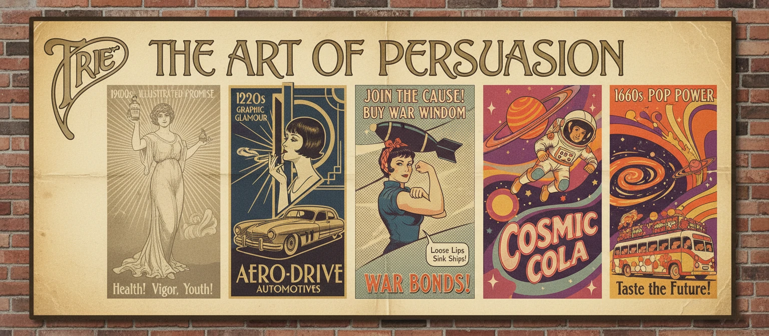 Vintage advertising posters showcasing creative evolution