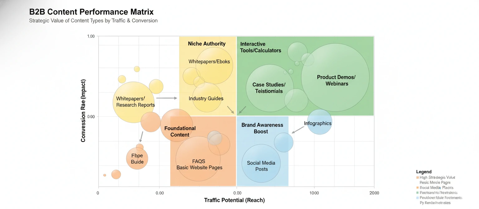 Content performance matrix showing different B2B content types plotted by traffic potential vs. conversion rate