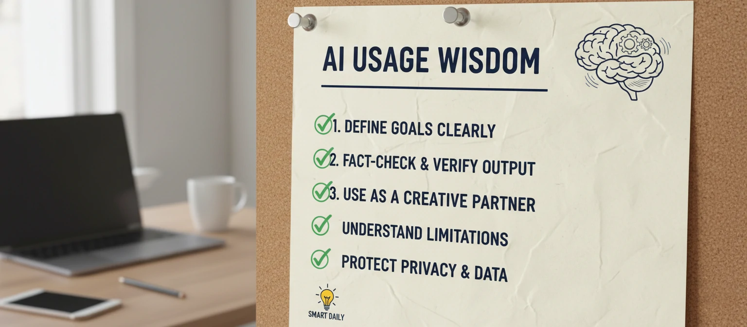 Visual checklist of AI usage tips with checkmarks
