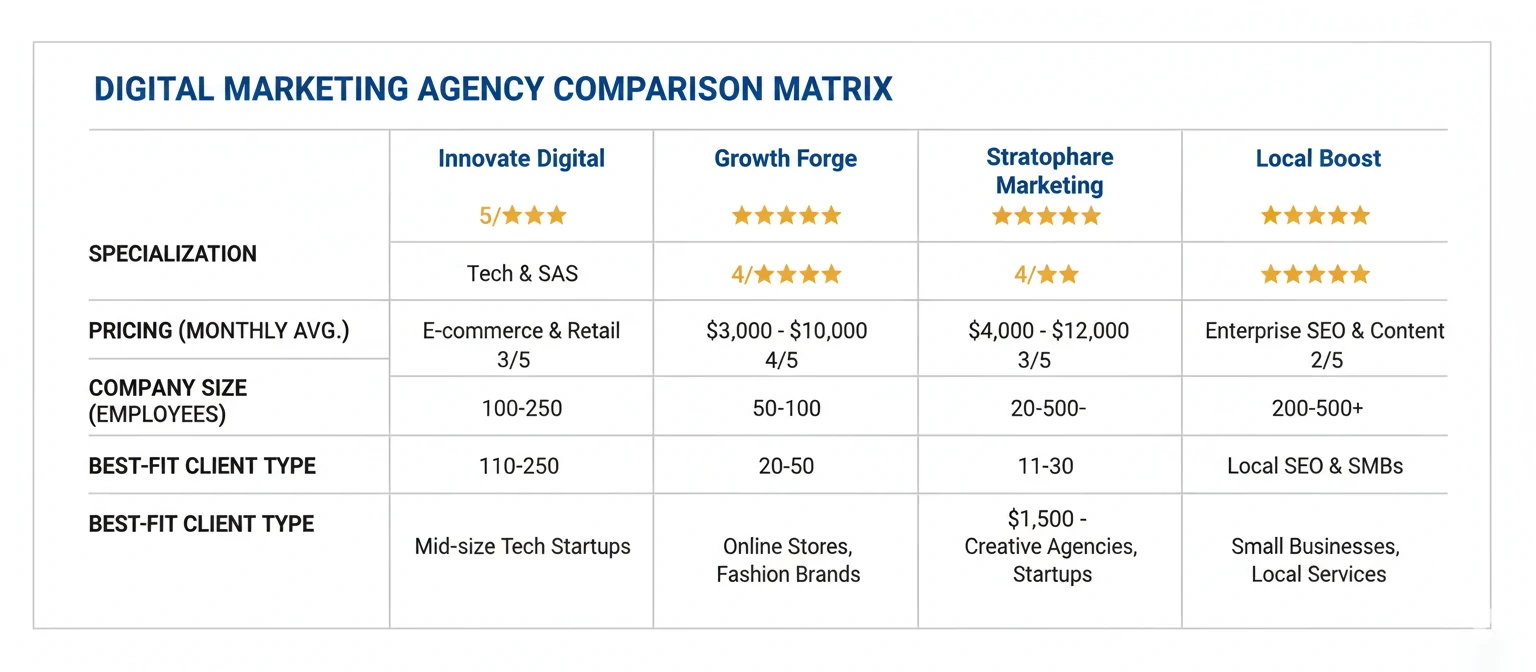 Visual comparison matrix showing all five agencies