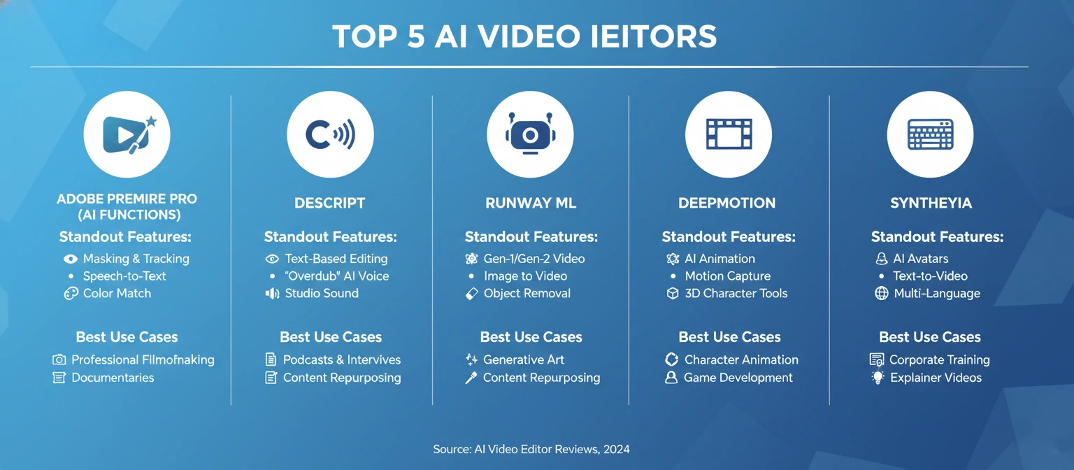 Visual infographic comparing the five top AI video editors with icons representing their standout features and best use cases