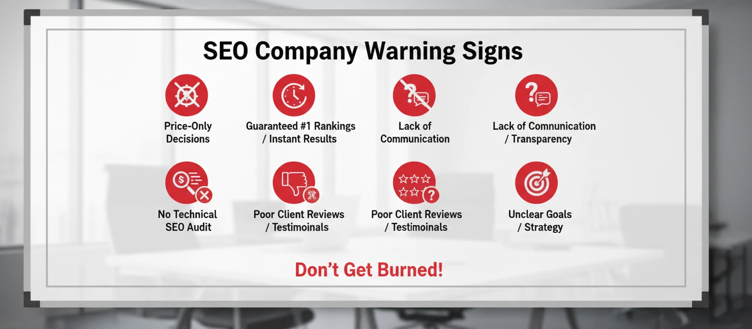 Warning signs infographic with red flags arranged in a clear visual format each warning sign with an icon representing the issue