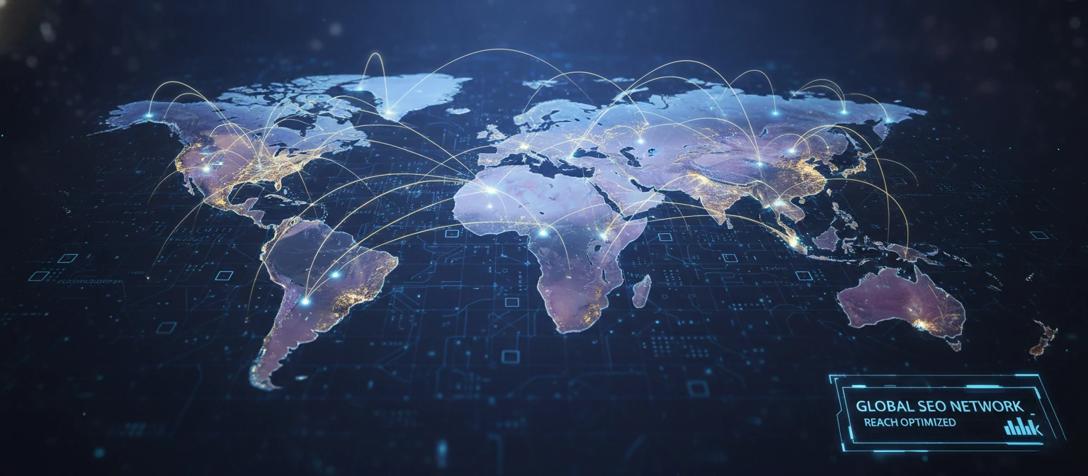 World map with glowing connection points between major cities