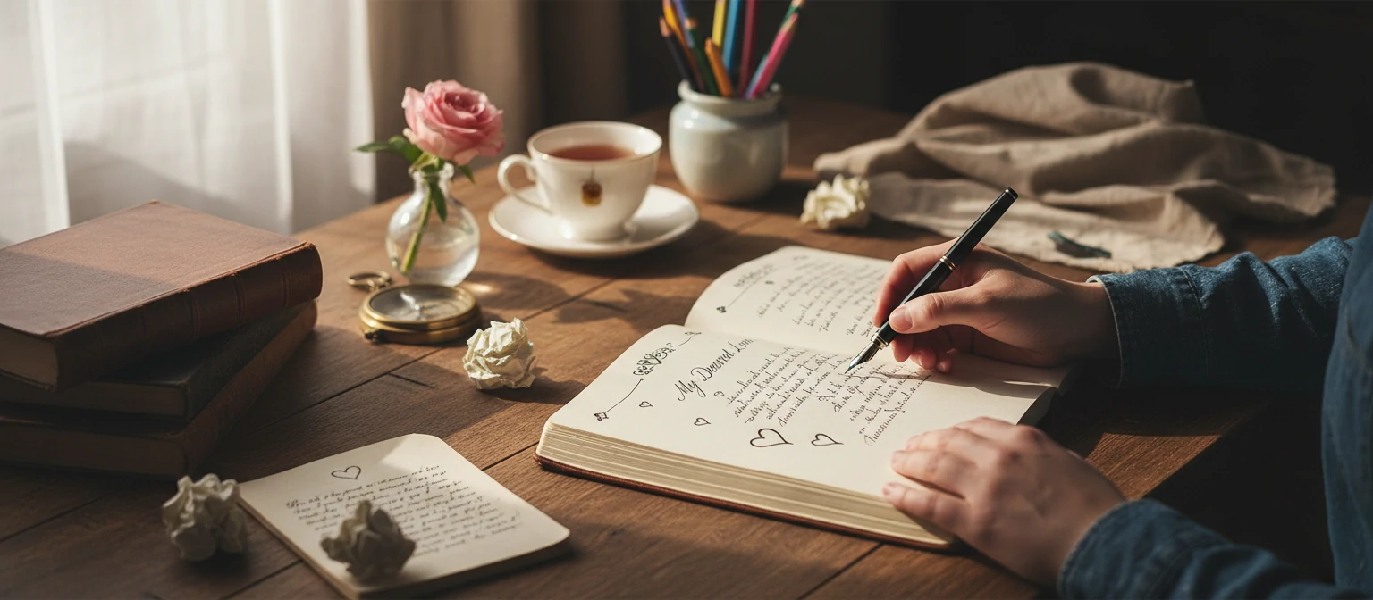 Writing creative love phrases in journal with pen on desk