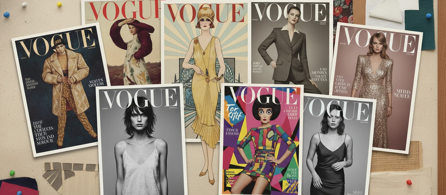 A curated collage of iconic Vogue covers from different eras, showing the evolution of fashion photography styles