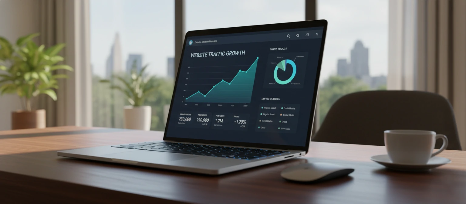 A modern laptop with analytics dashboard showing traffic growth