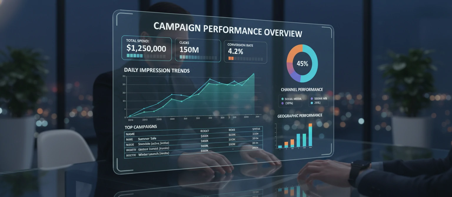Advertising analytics dashboard showing campaign performance metrics