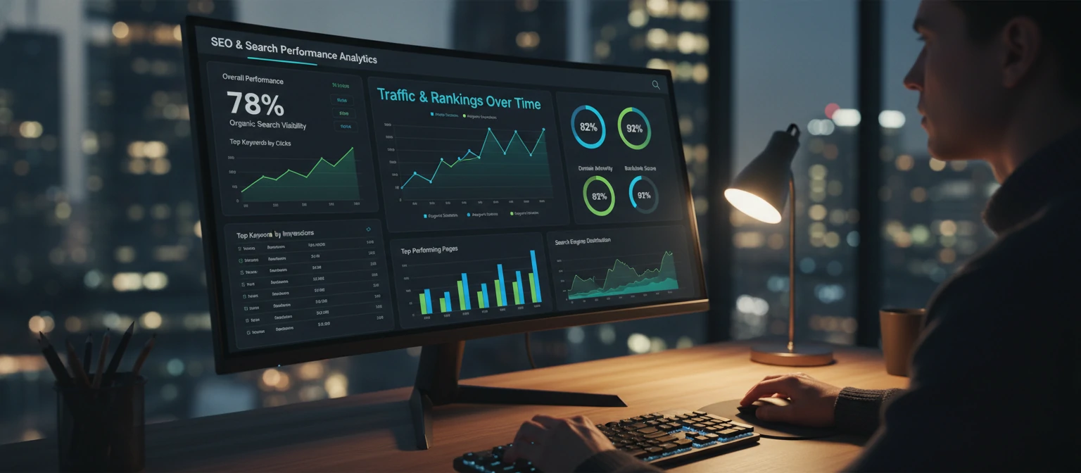 Analytics dashboard showing SEO metrics and search performance data