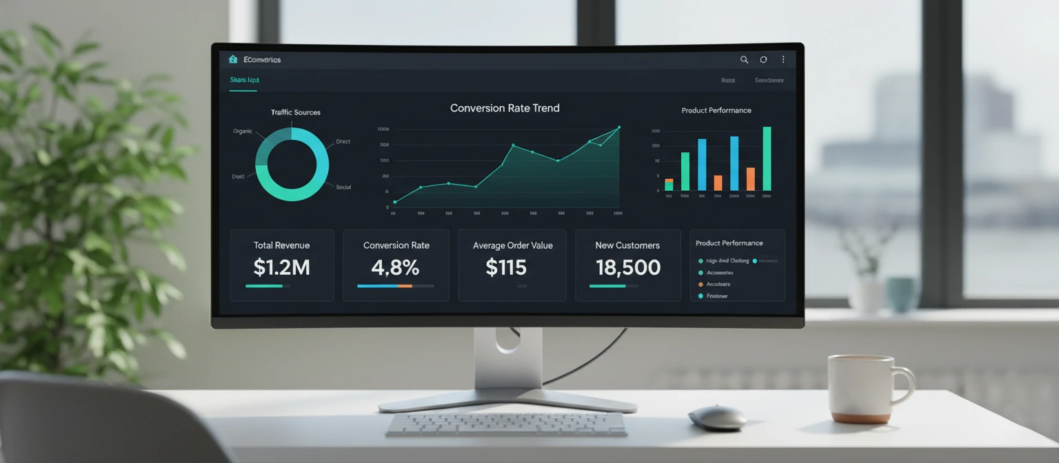 Analytics dashboard showing ecommerce conversion data on a modern monitor