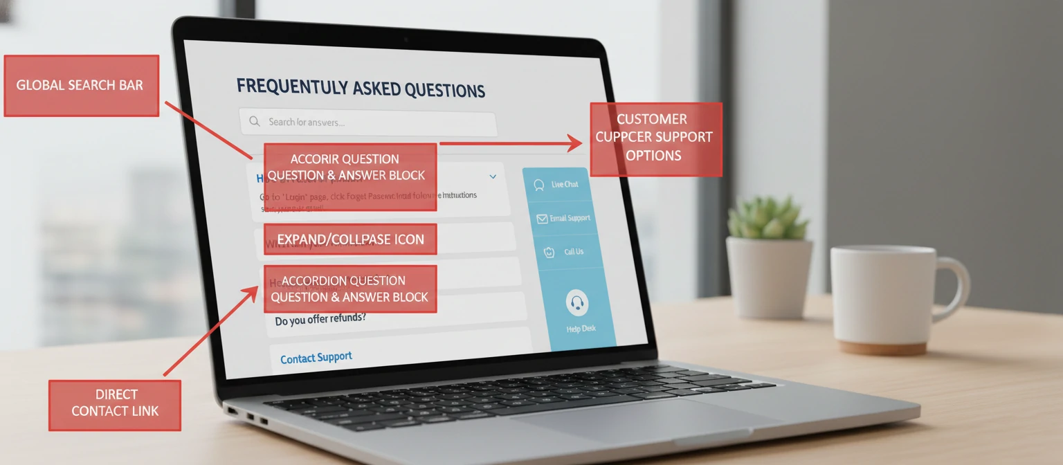 Annotated diagram of a modern FAQ page showing key UX components including search, categories, and accordion layout