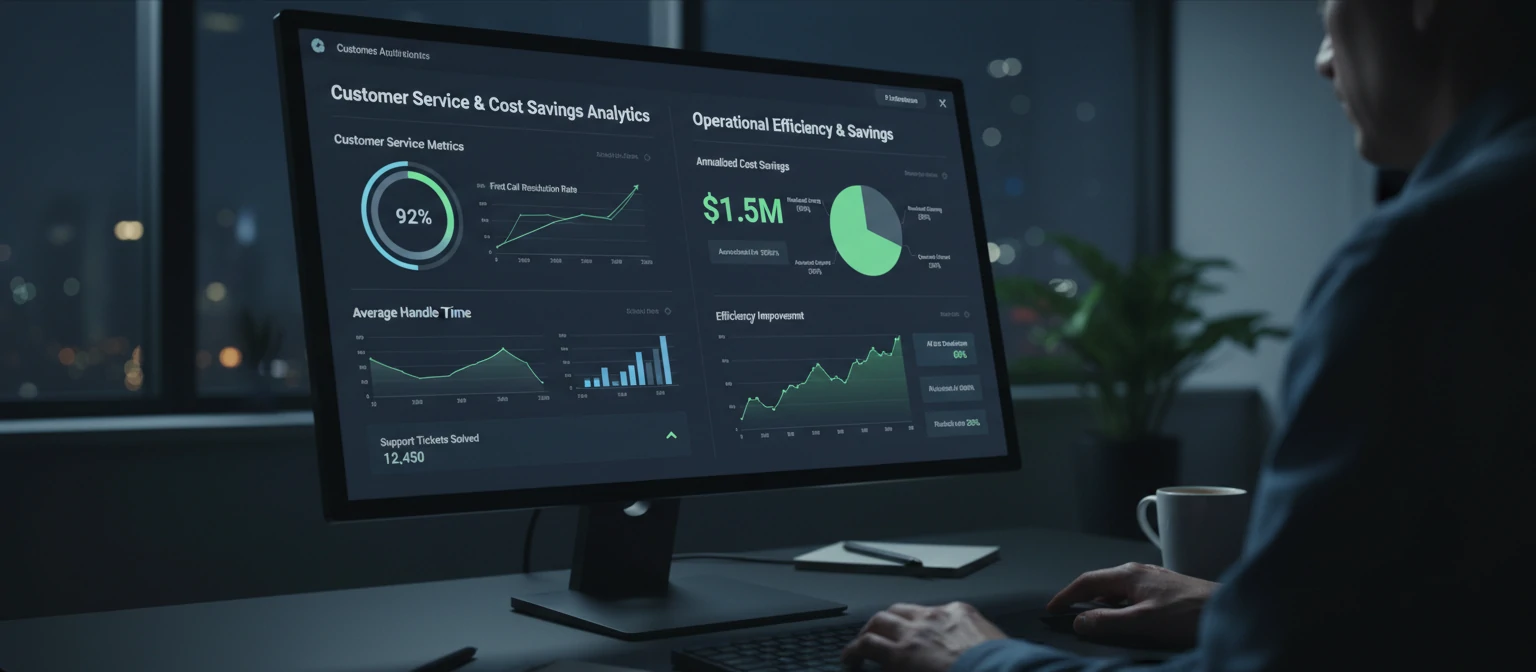 Business analytics dashboard showing customer service metrics and cost savings