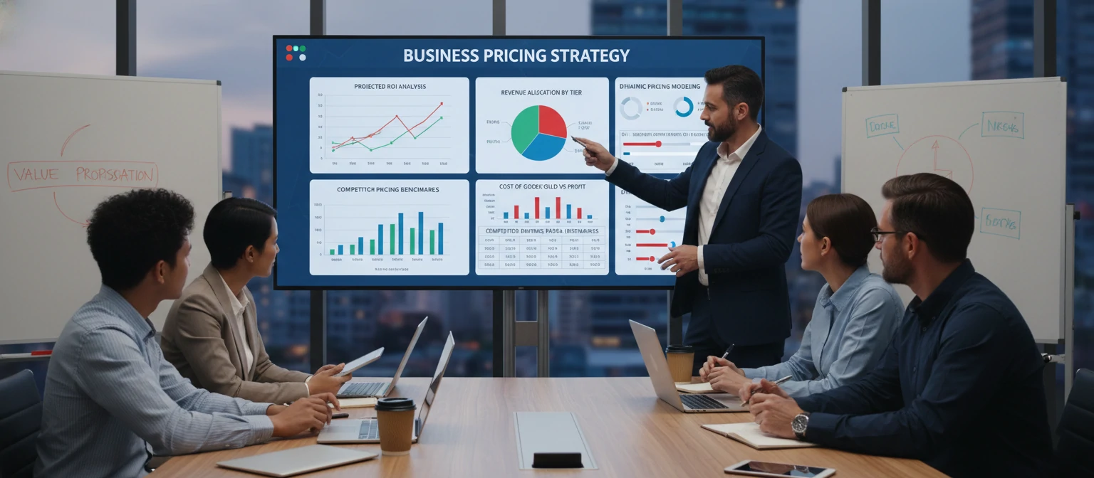 Business pricing strategy with financial charts and ROI data