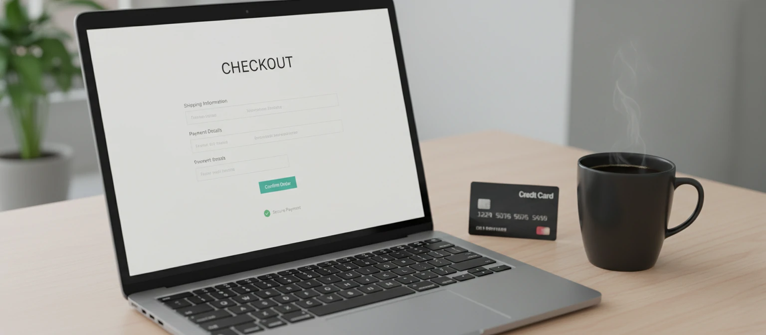Clean minimalist checkout interface displayed on a laptop screen with credit card and coffee on desk