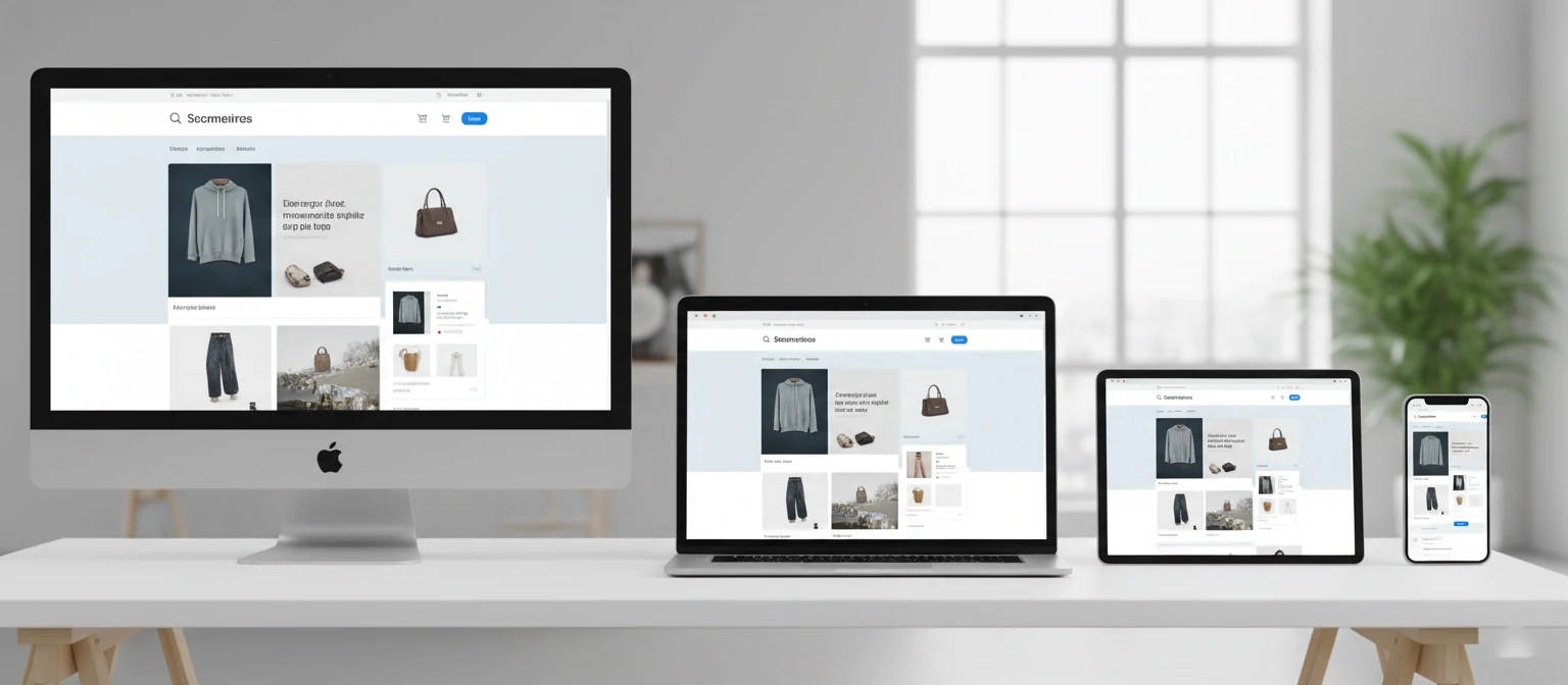 Clean modern ecommerce website interface displayed on multiple devices showing responsive design