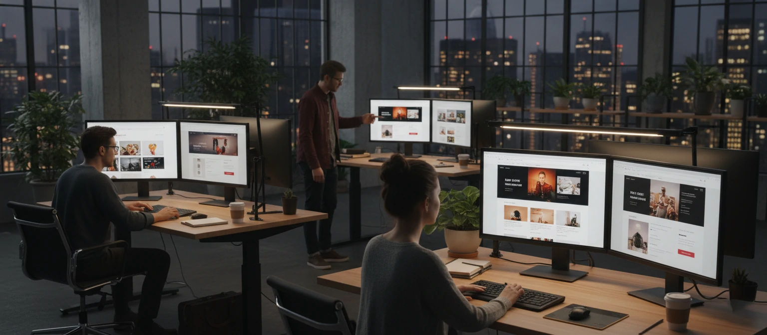 Collection of web design templates displayed on multiple screens in a creative studio