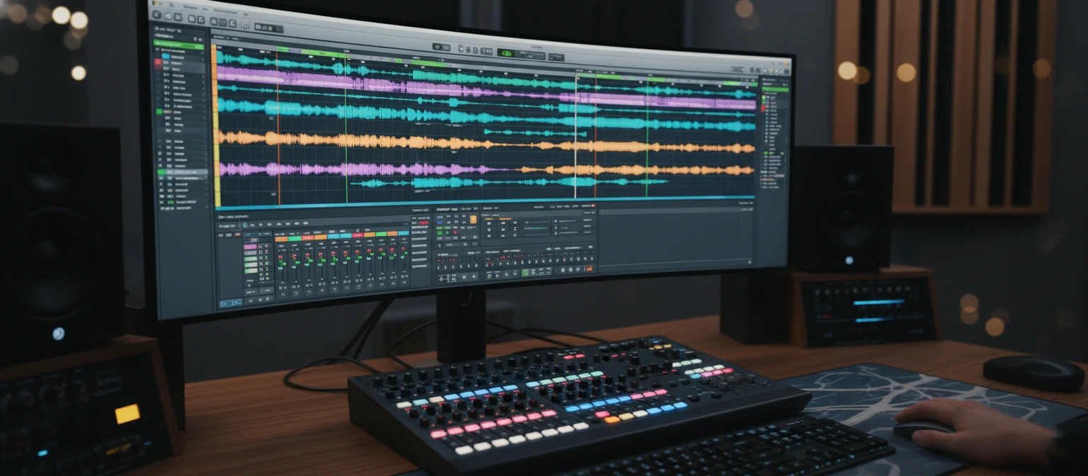 Computador desktop com software de edição de áudio em tela