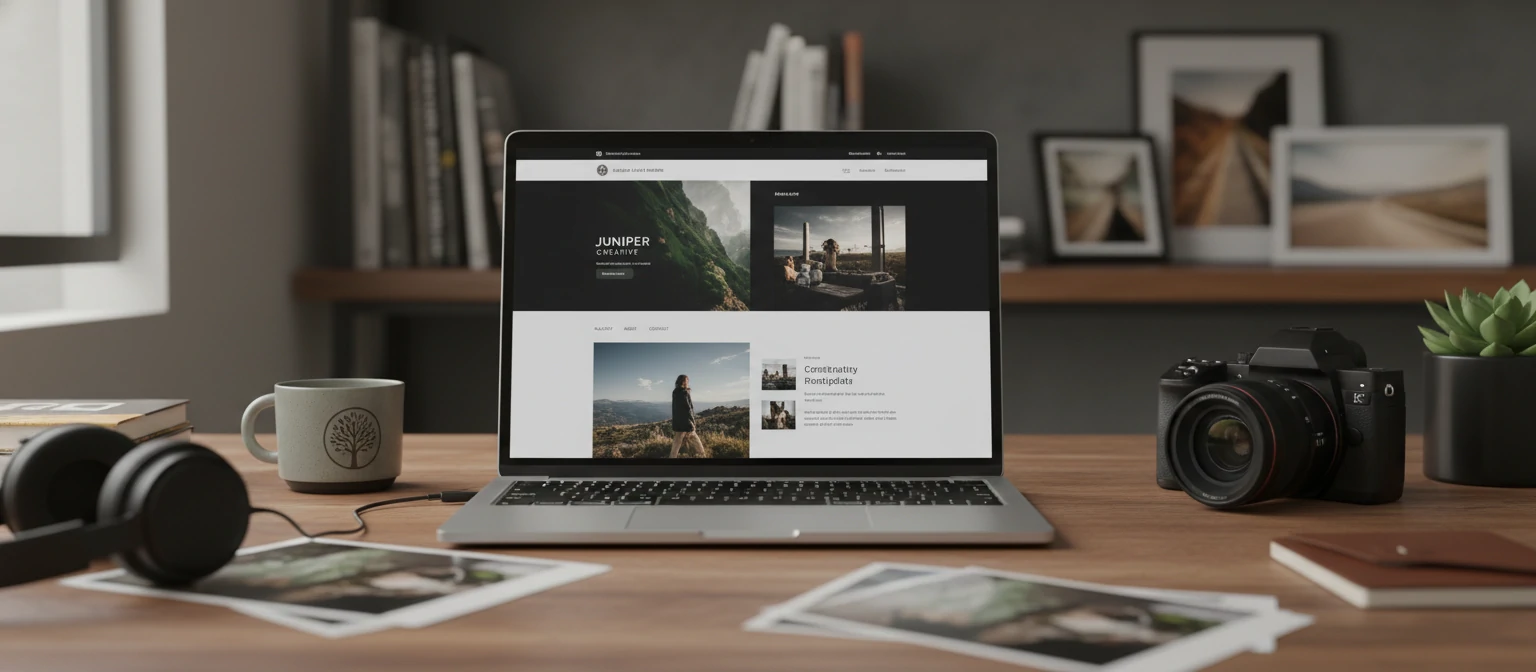 Creative workspace with laptop showing a photography portfolio website