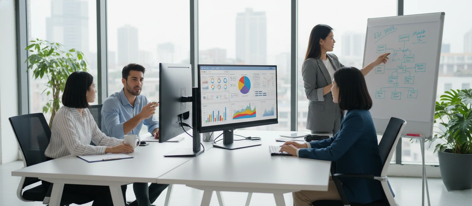 Customer support team collaborating at a modern desk with metrics dashboards on screens
