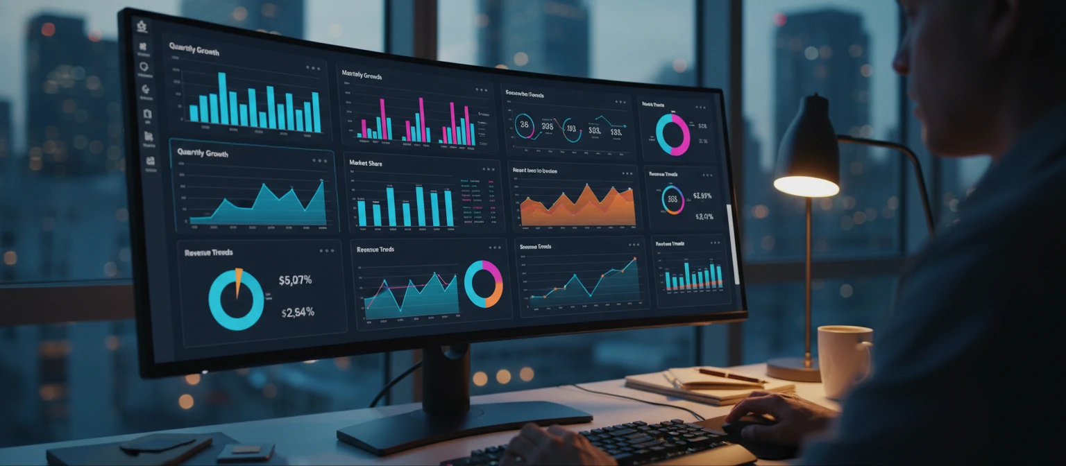 Data analytics dashboard with colorful charts and graphs on a monitor