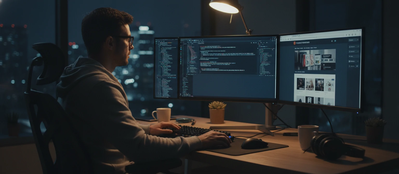 Developer coding an ecommerce application with multiple monitors showing code and web interface