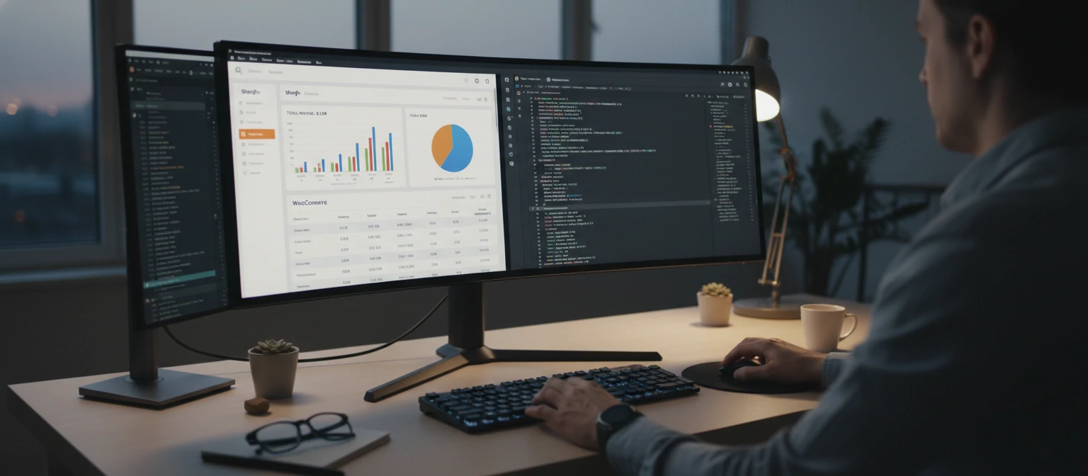 Developer comparing different ecommerce platforms on a wide monitor with analytics data and code