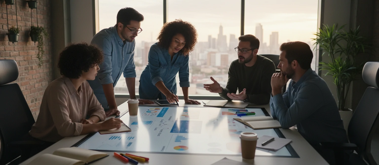 Digital advertising and marketing team collaborating on campaign strategy