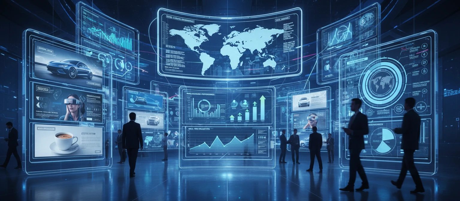 Digital advertising landscape with multiple screens showing analytics and campaigns