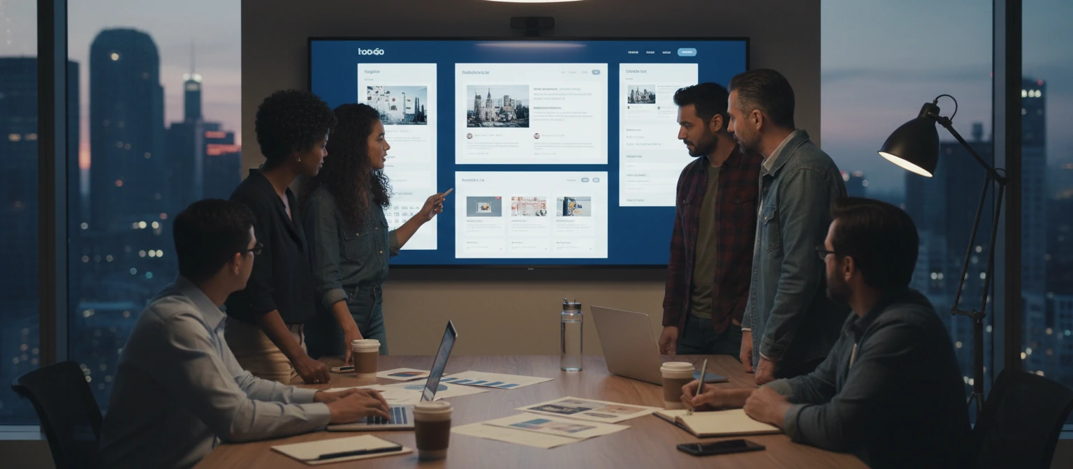 Diverse group of people collaborating around a large display showing multilingual interface design