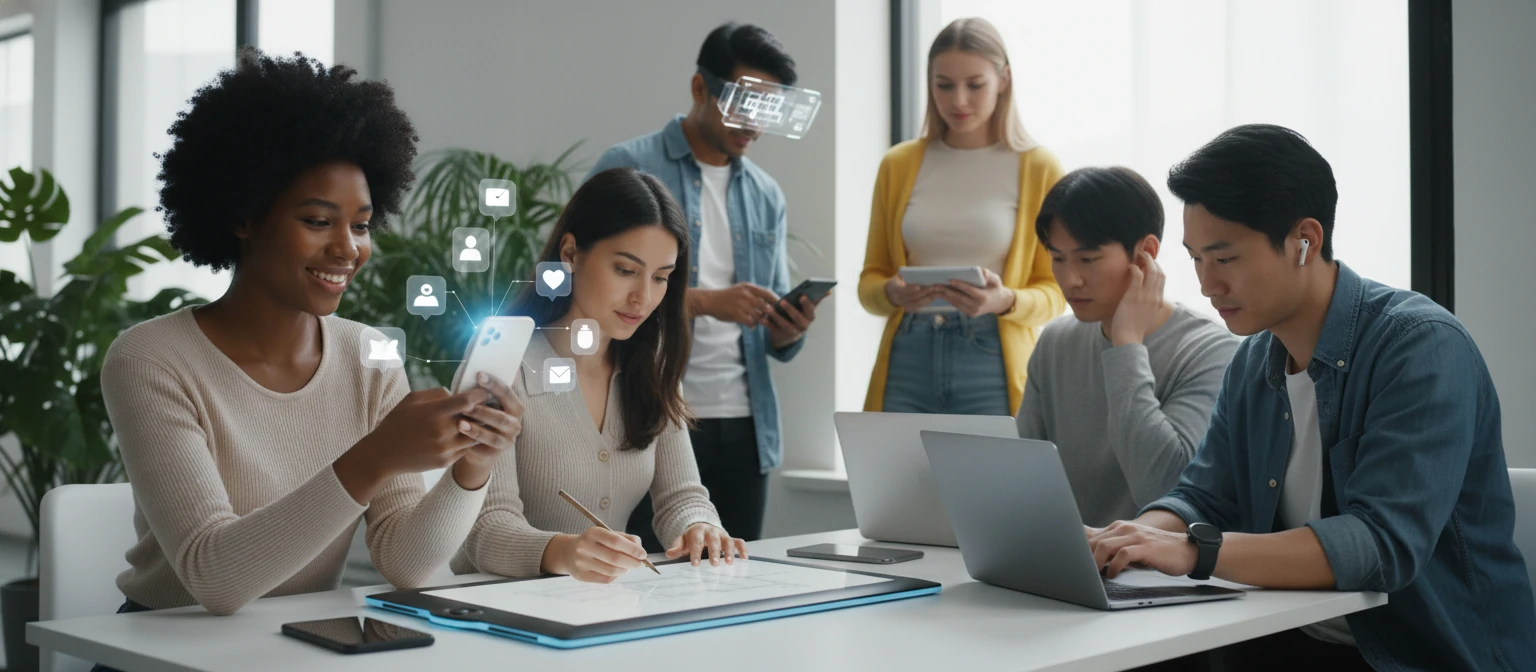 Diverse group of people using various digital devices