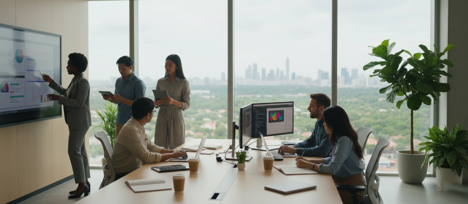 Diverse professionals collaborating in a modern office environment