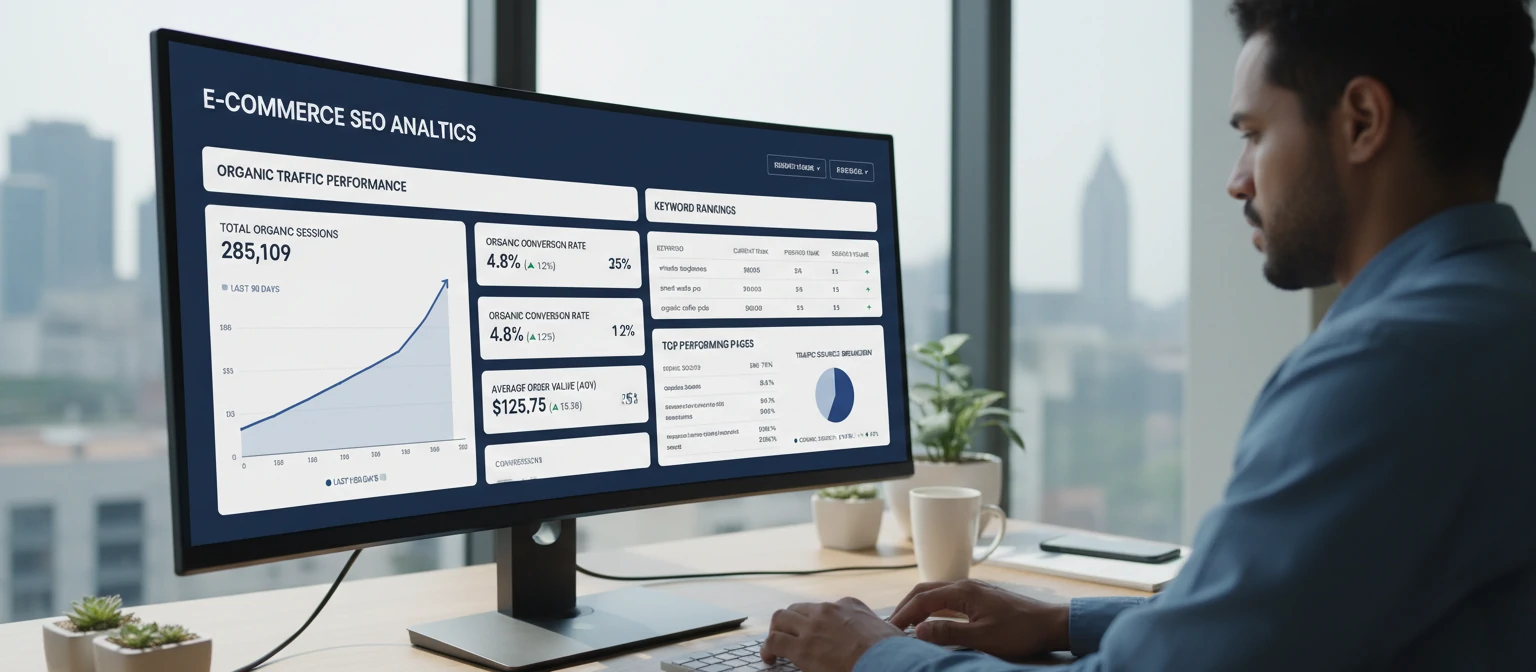 E-commerce SEO analytics dashboard with key metrics