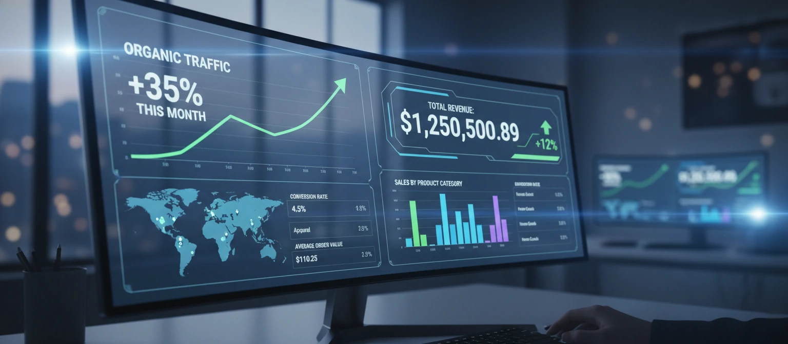 E-commerce dashboard showing organic traffic growth and revenue metrics