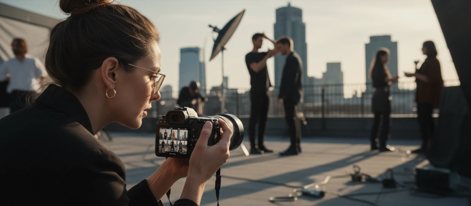 Editorial photographer reviewing images on a camera display during a magazine shoot