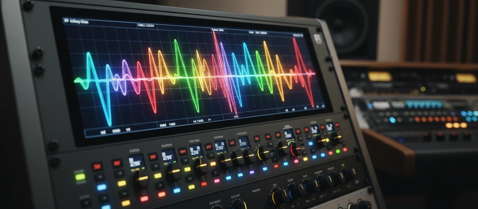 Equalizador digital com visualização de ondas de áudio coloridas