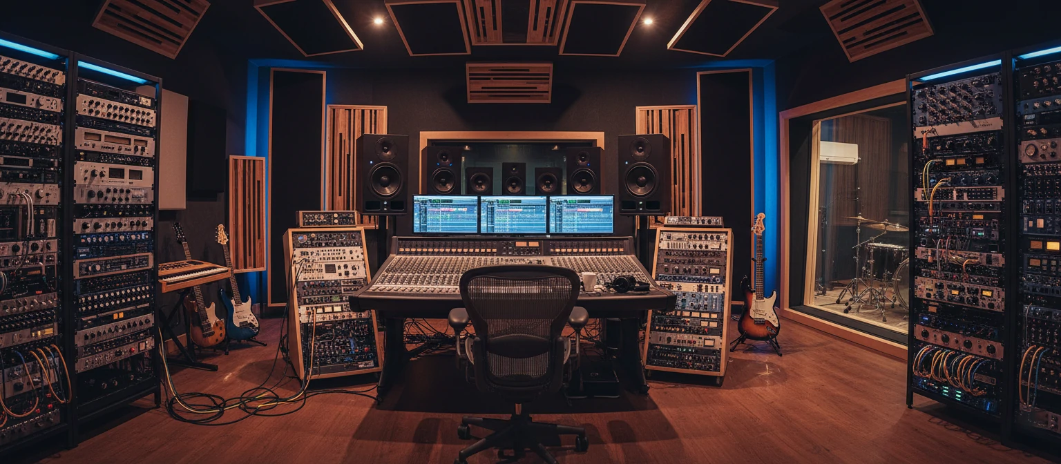 Estúdio de áudio profissional com equipamento de produção musical