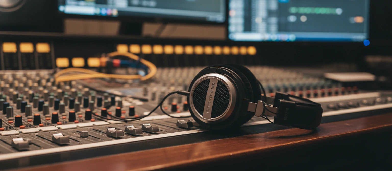 Fones de ouvido profissionais sobre mesa de produção de áudio