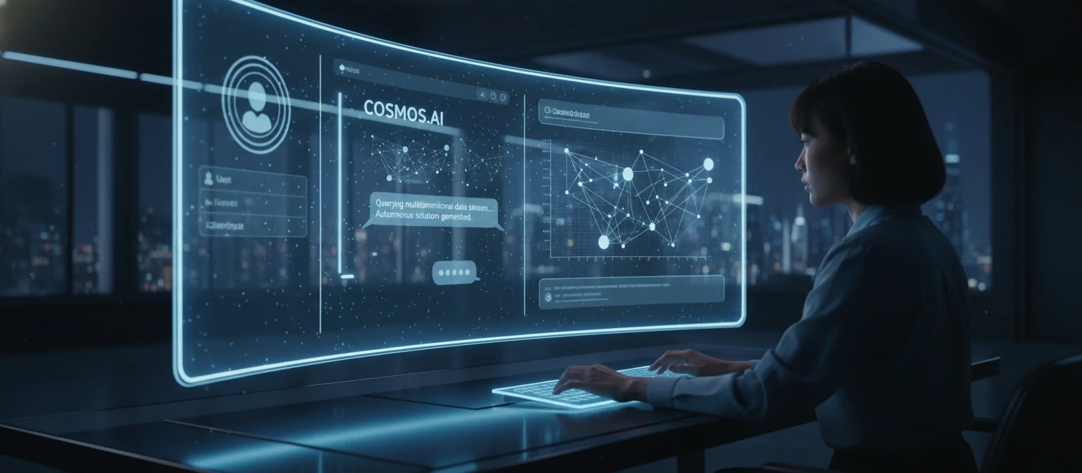 Futuristic AI interface with chatbot conversation on a glowing screen