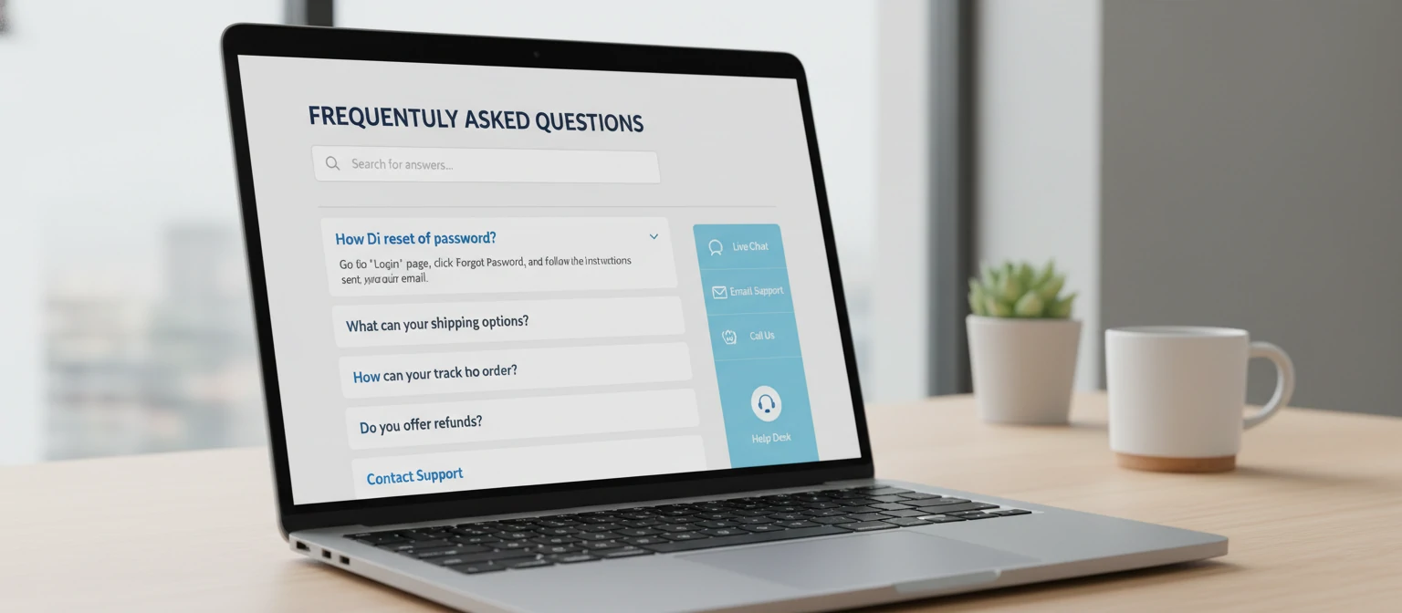 Modern FAQ page interface on a laptop screen with clean design and customer support elements