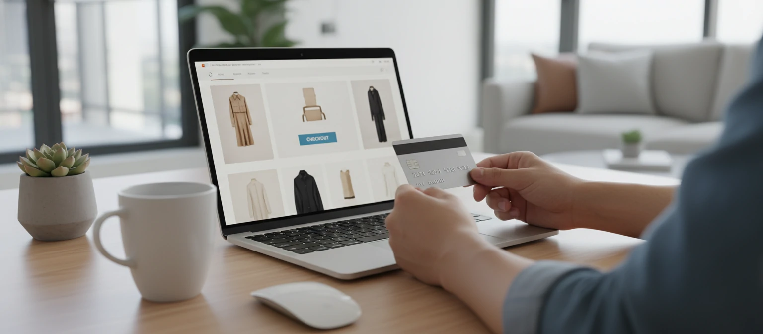 Modern ecommerce shopping experience with laptop and credit card on a clean desk