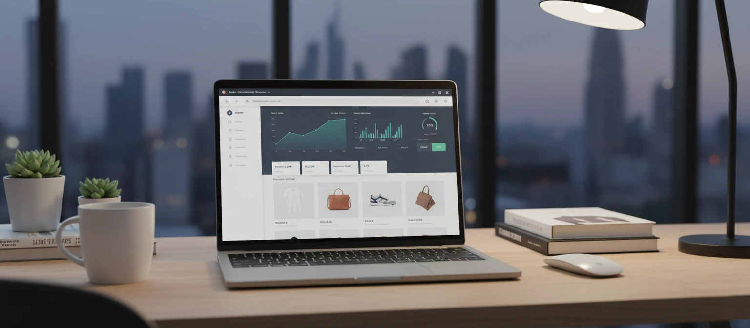 Modern ecommerce workspace with laptop displaying online store analytics dashboard and product cards