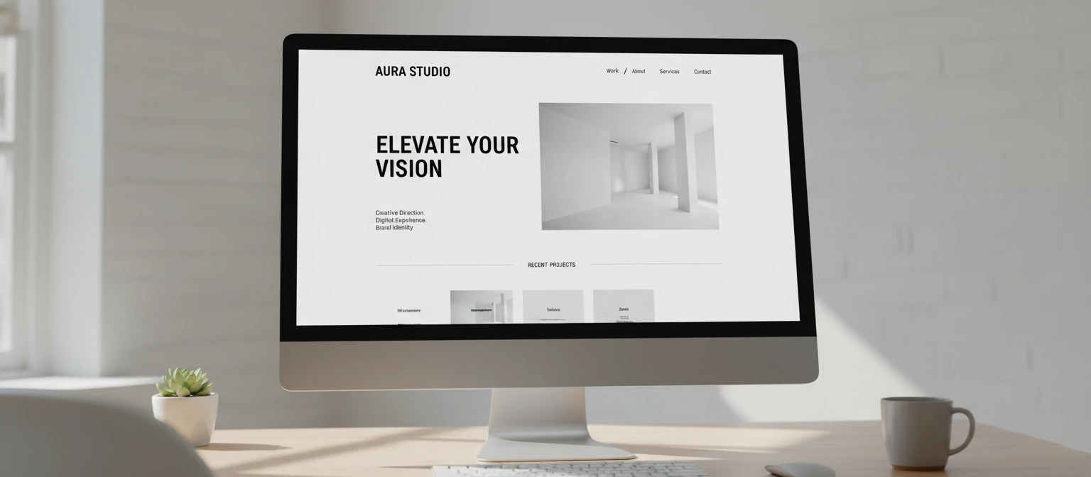 Modern minimalist web design mockup with clean typography and generous white space