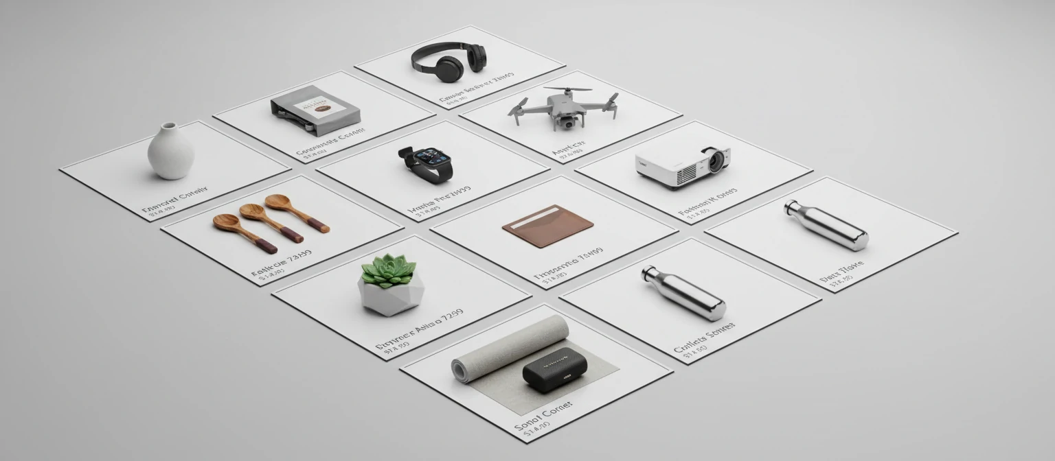 Organized product catalog layout with various items displayed in a clean, structured grid arrangement