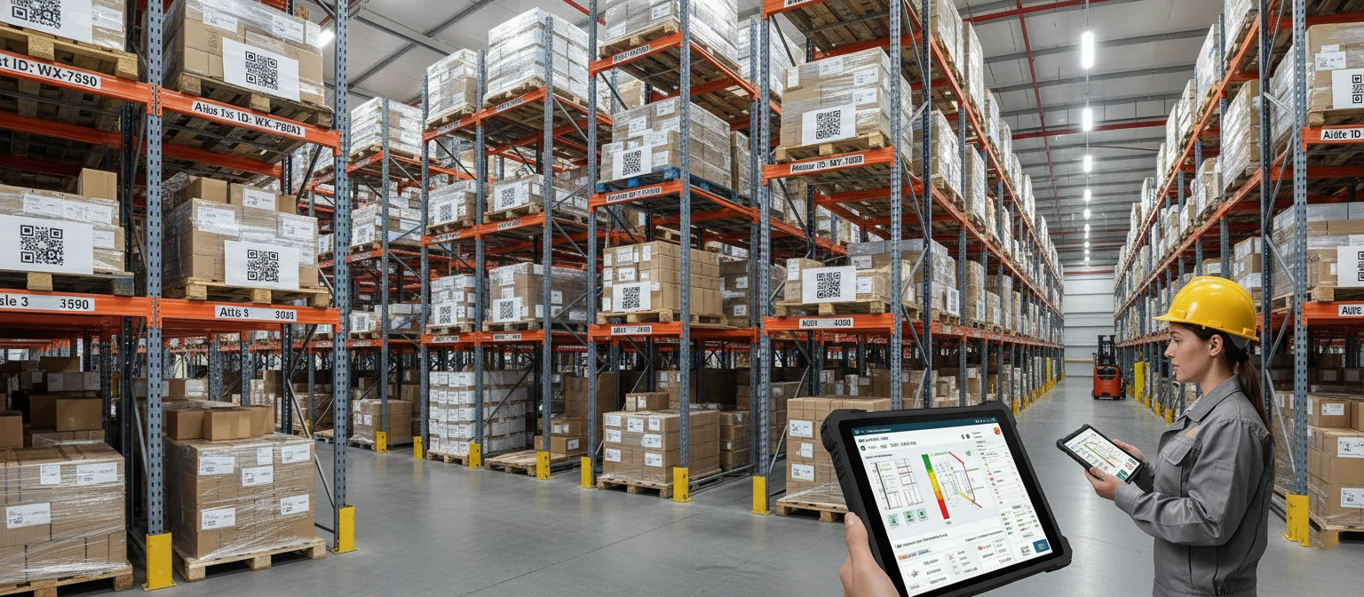 Organized warehouse with labeled shelves and inventory management system displayed on a tablet