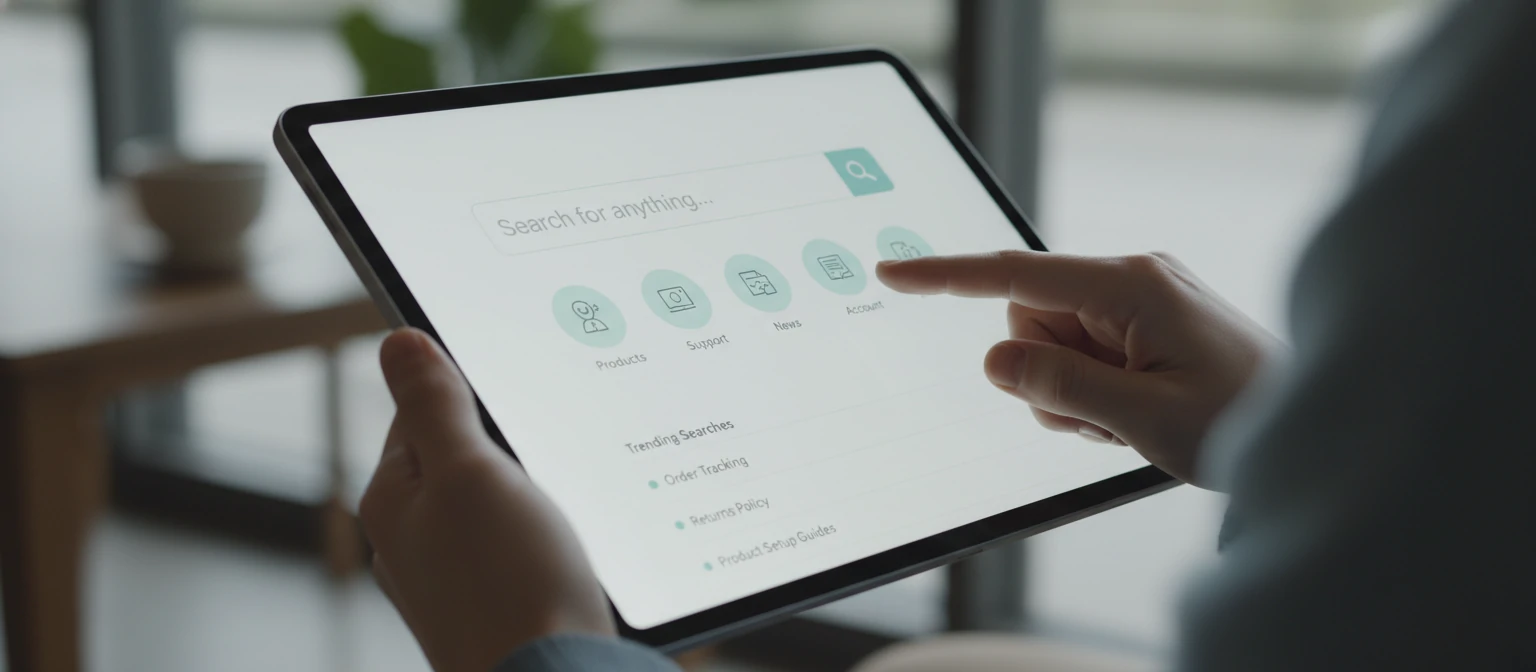 Person interacting with a modern search interface on a tablet device