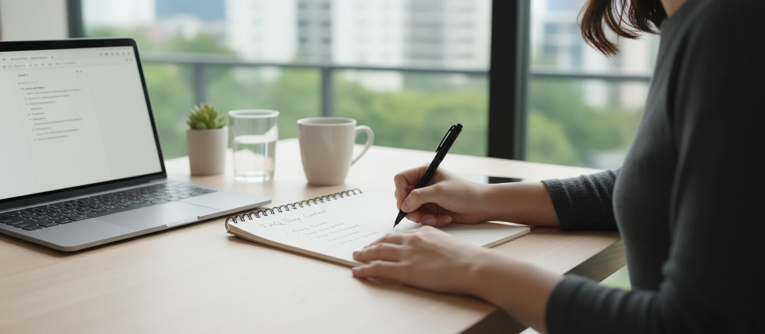 Person writing content at a clean desk with a laptop and notebook