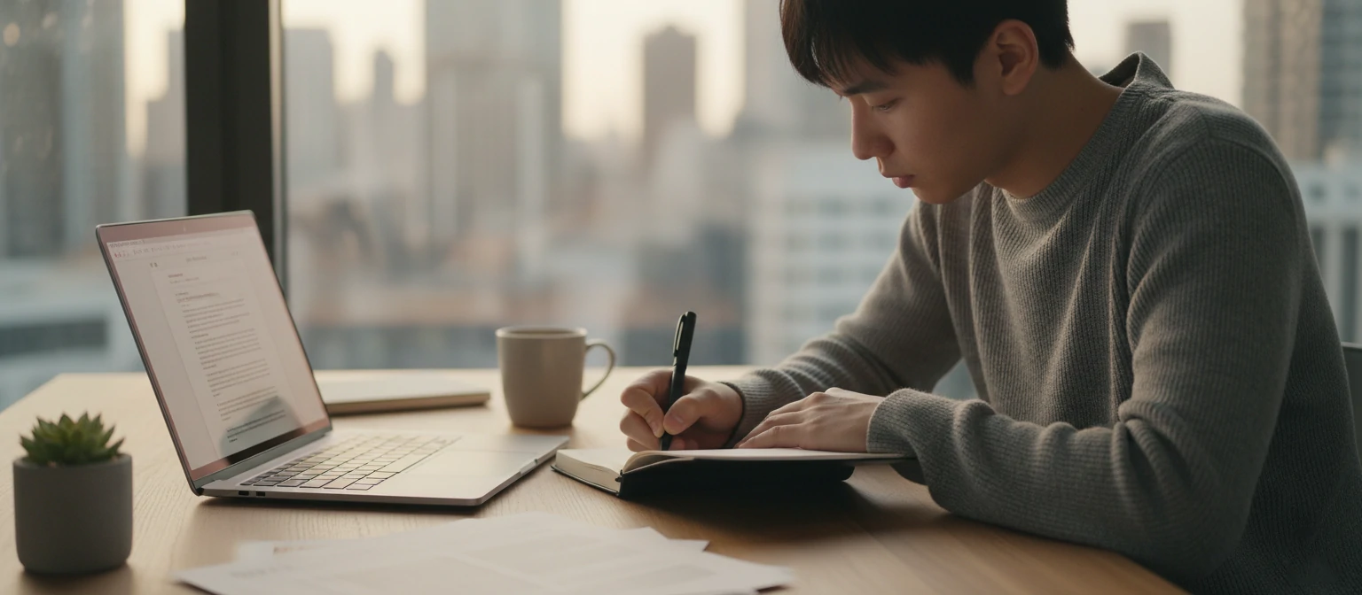 Person writing content at a modern desk with notebook and laptop