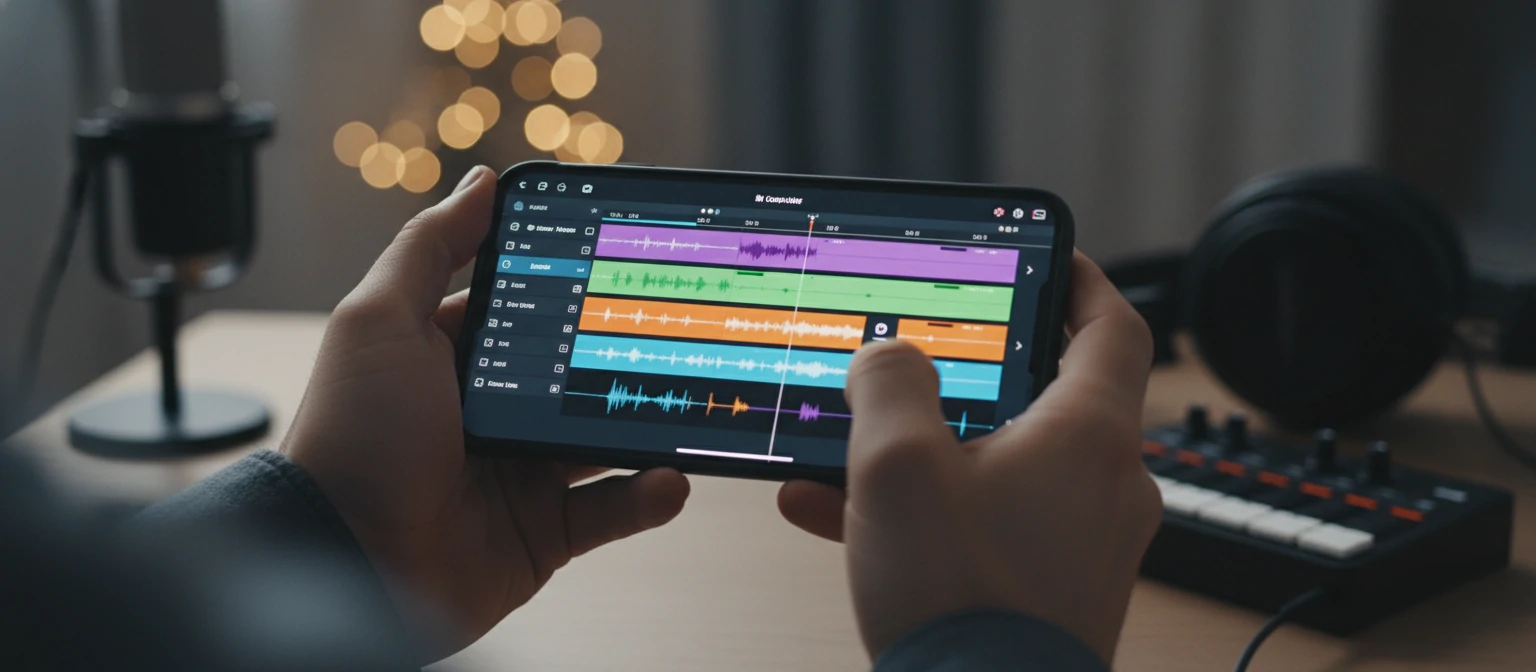Pessoa usando smartphone para edição de áudio