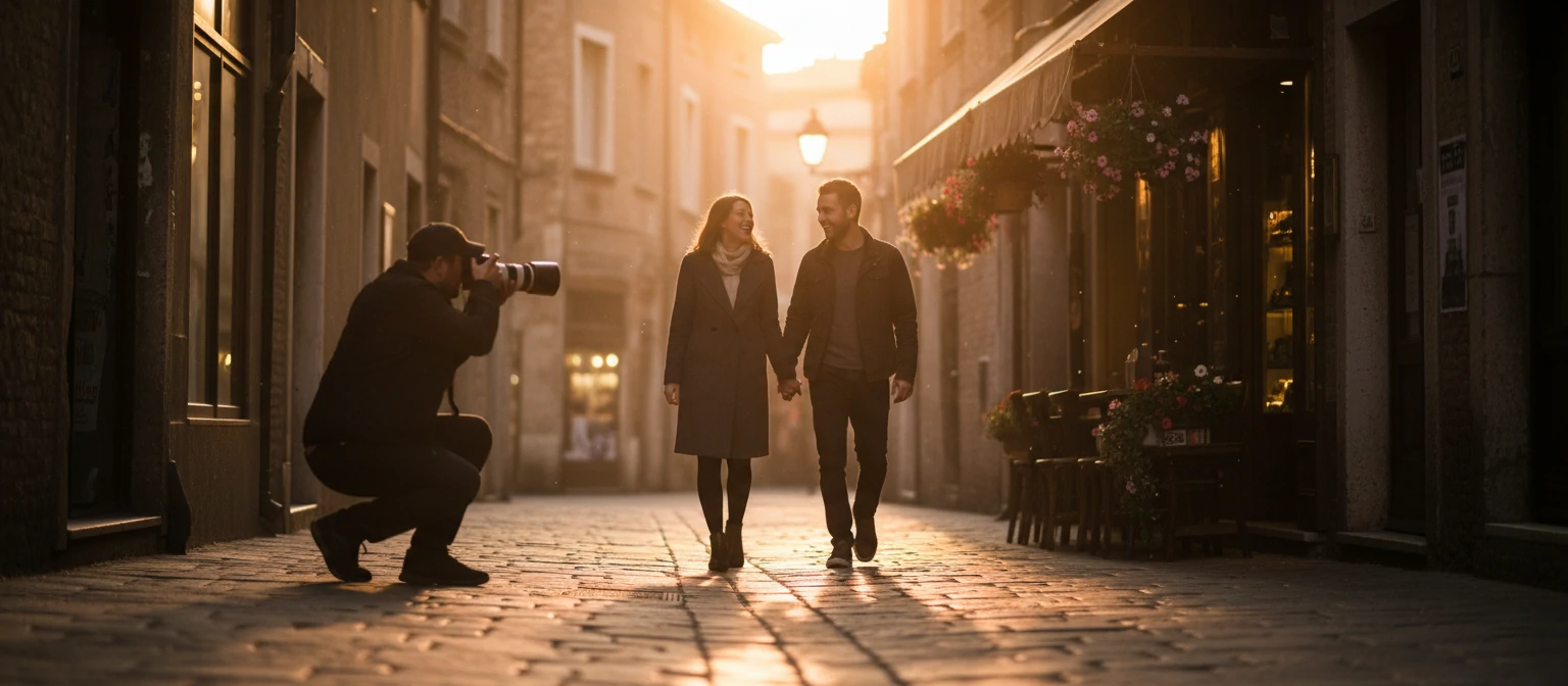 Photographer capturing a candid street moment during golden hour