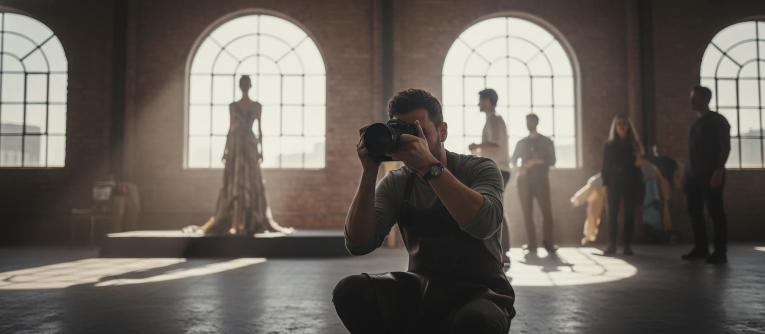 Photographer composing a shot using natural window light in an editorial setting