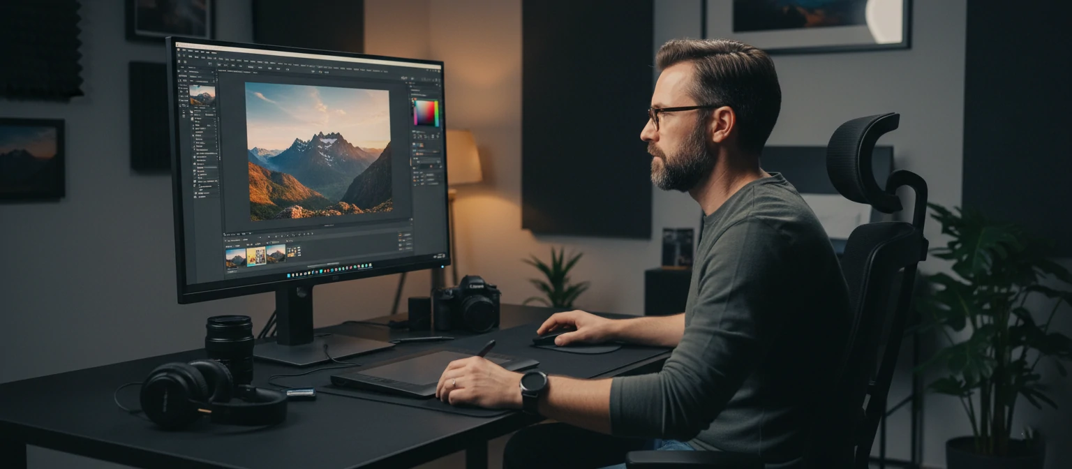 Photographer editing images on a high-resolution monitor in a studio
